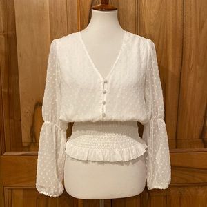 Q+A LA white puff-sleeve smocked-waist peasant blouse sheer micro-tuft fabric, M